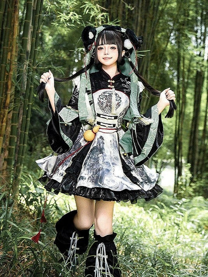 Ear with Panda-Embroidered Mint Hooded Cropped Vest and Accents Green Tassels Plush