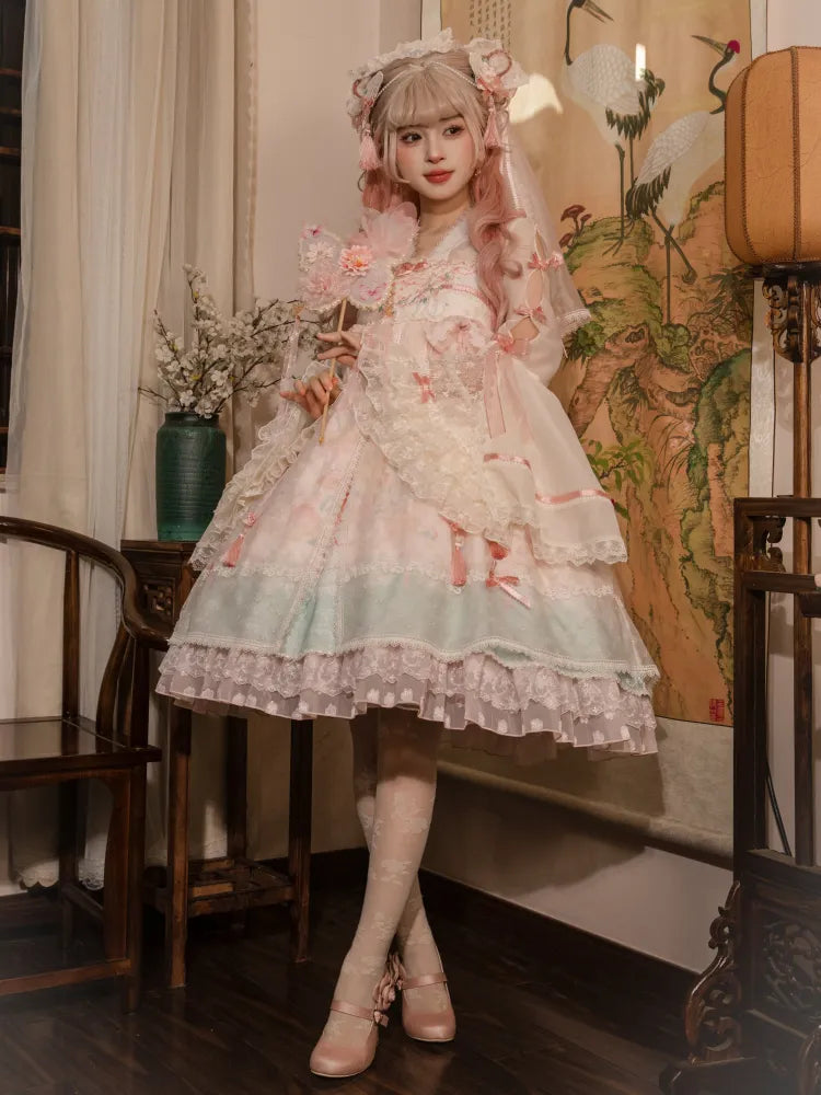 Rosa Han Lolita-Kleid mit Empire-Taille in Pfirsich- und Pfirsichblüten-Print