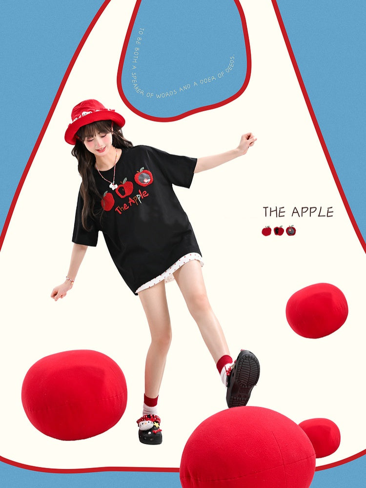 T-Shirt Apricot/Schwarz Rundhals Apfel Stickerei Locker