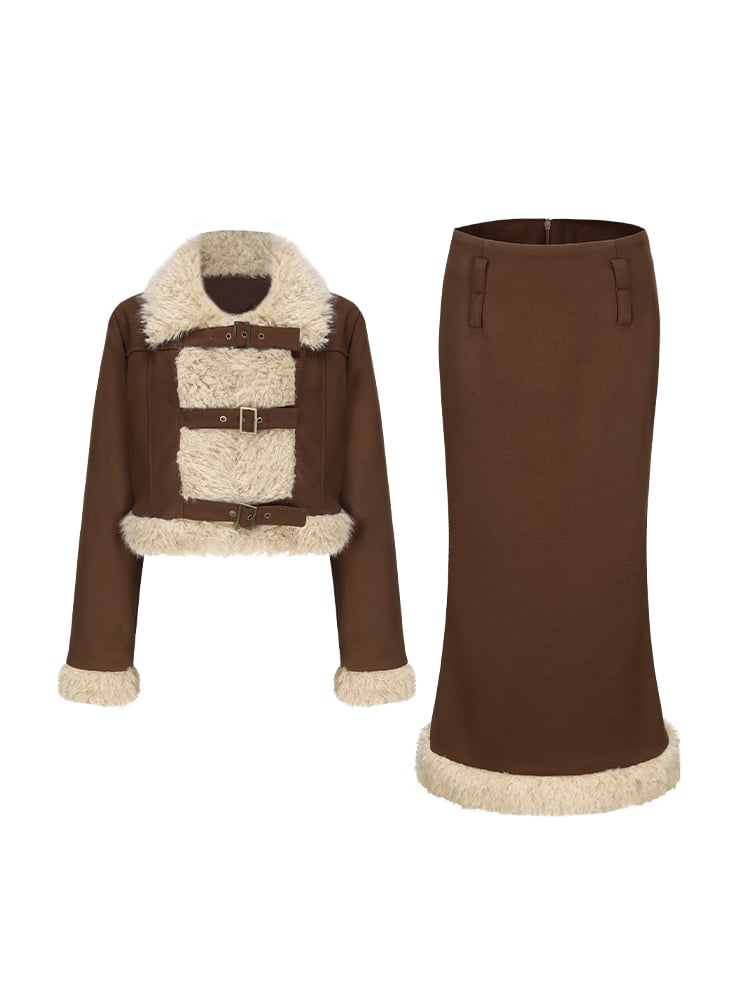 Coffee Zipped Buckle Trimmed Coat Pencil Skirt Straps Faux with Set Crop Fur