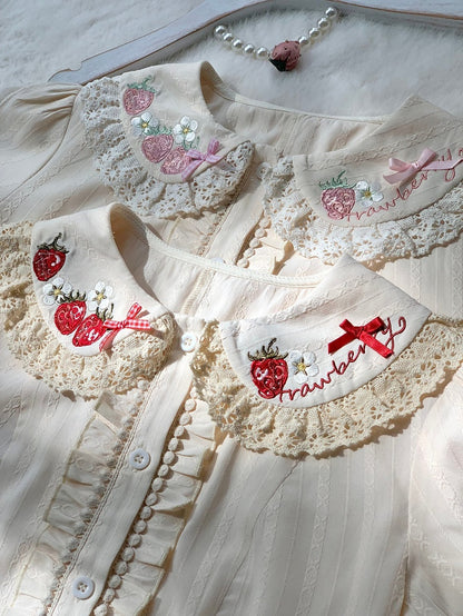 Red with Strawberry Short-Sleeve Off-White Embroidery Blouse Lolita Ruffled