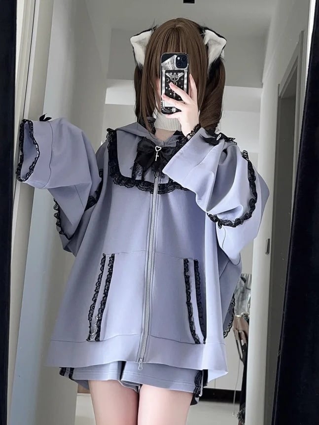 Kei Hoodie with Purple Bow Ear Jirai Tie Bunny Zip Lace