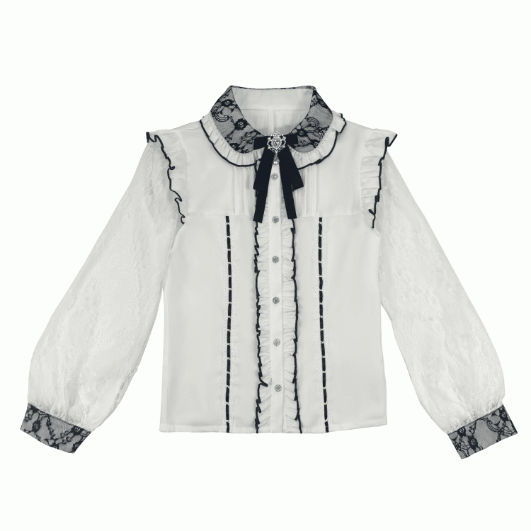 Black White - Kei Regular/Fleece-Lined Sleeve Flutter Jacquard Blouse Lace in Jirai Options