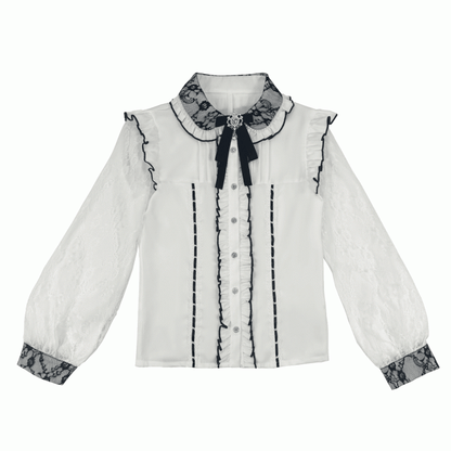 Black White - Kei Regular/Fleece-Lined Sleeve Flutter Jacquard Blouse Lace in Jirai Options