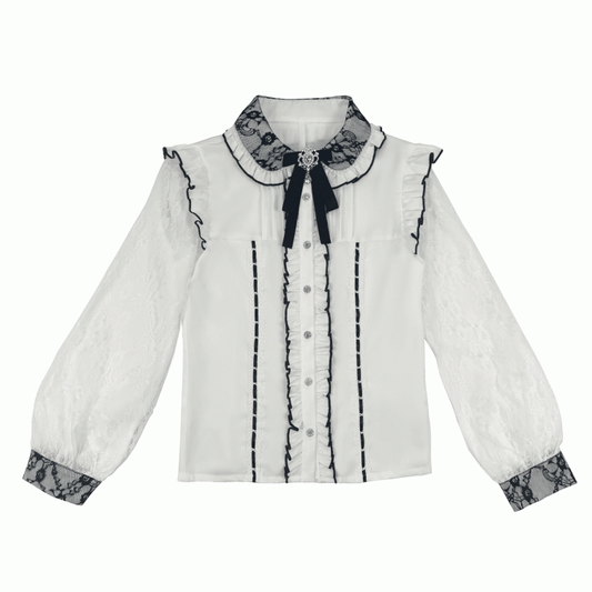 Black White - Kei Regular/Fleece-Lined Sleeve Flutter Jacquard Blouse Lace in Jirai Options