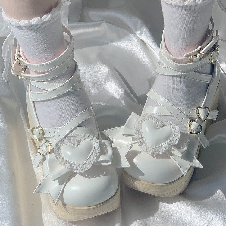 Detachable White Bow 6.5cm Heart Janes Wood Design Mary Sole with Platform Crisscross Grain -