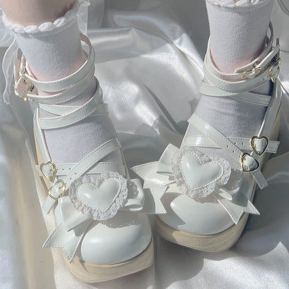 Detachable White Bow 6.5cm Heart Janes Wood Design Mary Sole with Platform Crisscross Grain -