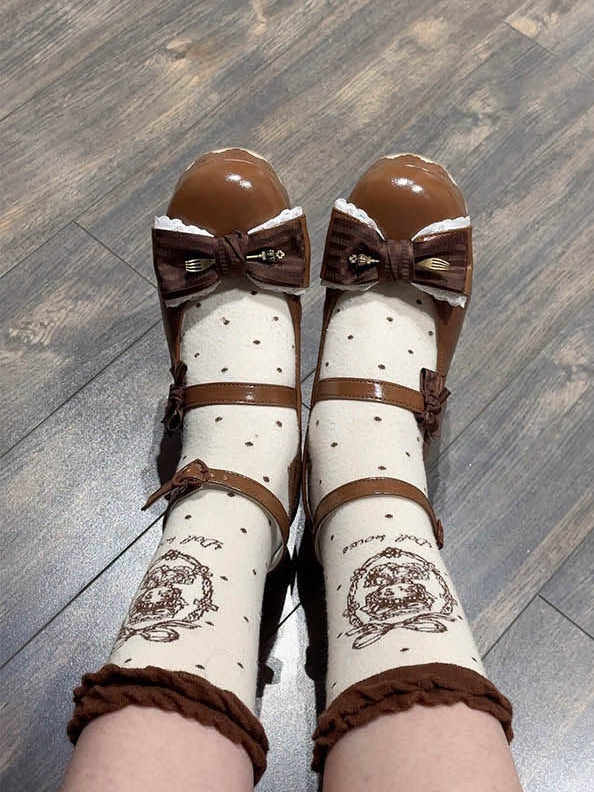 Sweet Decoration Striped Bow with Jane Shoes Lace Mary Trim PU Platform Brown