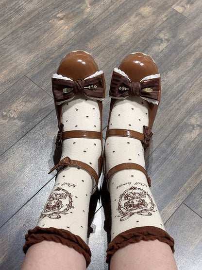 Sweet Decoration Striped Bow with Jane Shoes Lace Mary Trim PU Platform Brown