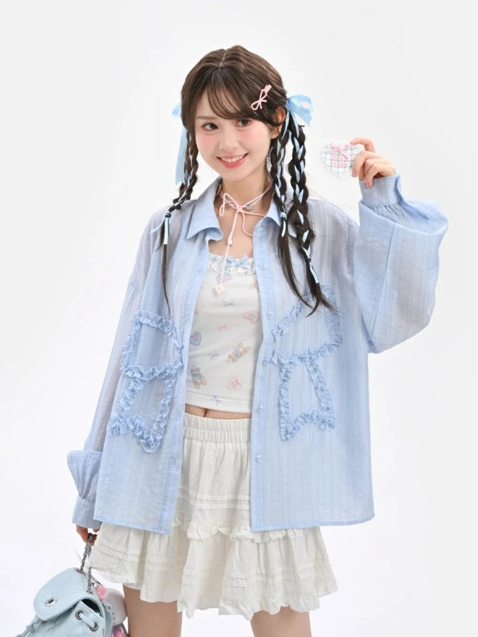 ホワイトレーストリムネックラインクロップド丈キュートベアプリントフリルキャミソールトップス