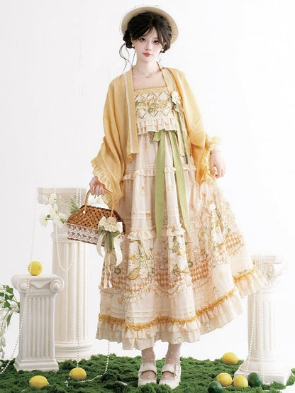 Yellow Bell Sleeve Lolita Outerwear with Hanfu Element Detail & Ruffled Trim Design - Luo Xiu Dong Xiang