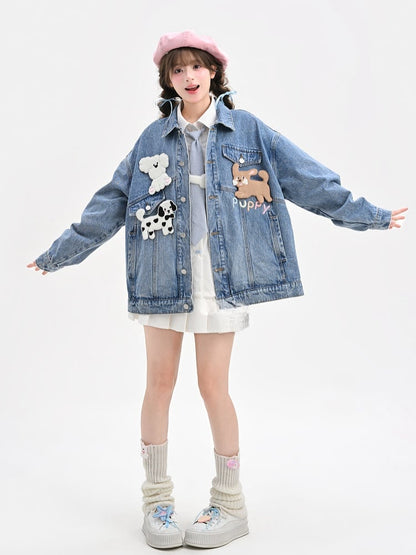 Wash Distressed Denim Jacket with Detachable Puppy Brooches Blue Faded