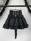 Black Jirai Kei Plaid High Waist Skirt with Bow and Lace Detail - Virtual Paradise