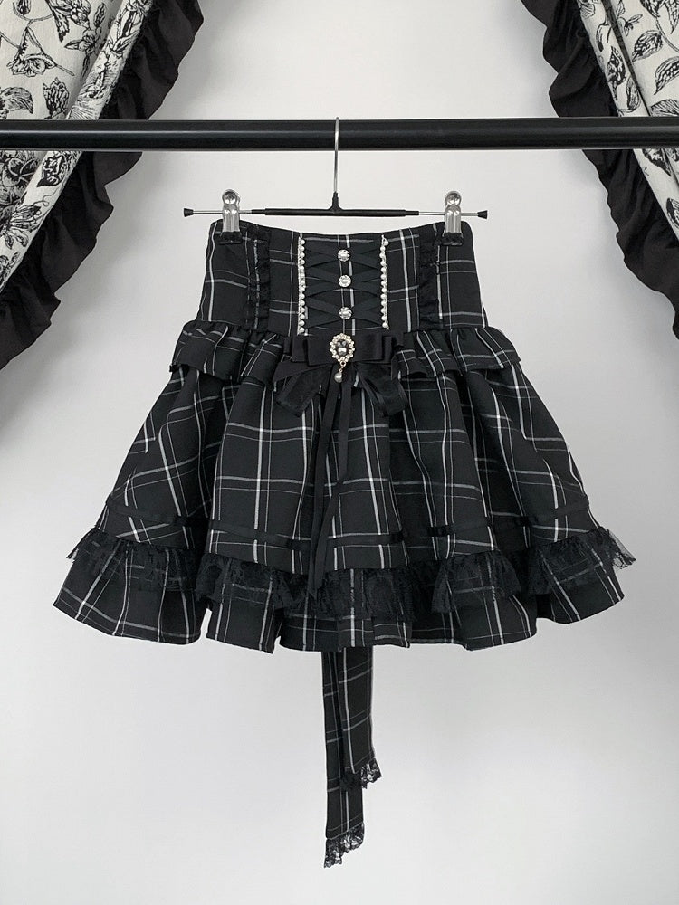 Black Jirai Kei Plaid High Waist Skirt with Bow and Lace Detail - Virtual Paradise