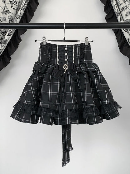 Black Jirai Kei Plaid High Waist Skirt with Bow and Lace Detail - Virtual Paradise