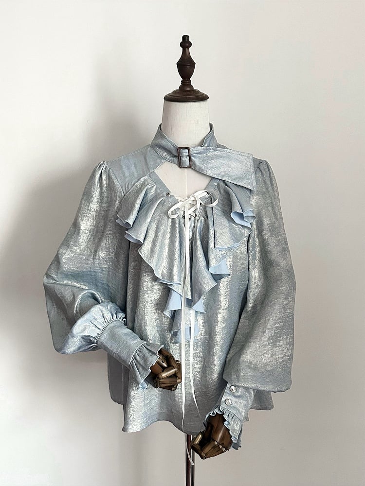 Pirate Light Blue Vibes Lolita with Collar Shirt Sleeves Lace-Up Long and Ouji Buckled