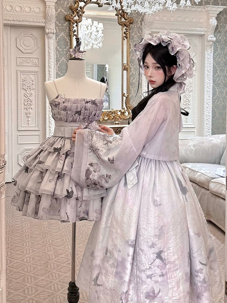 Refined Ivory Violet Boned Floral Bow JSK Dress - Yimu Walnut