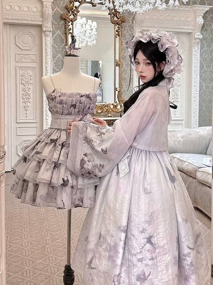 Refined Ivory Violet Boned Floral Bow JSK Dress - Yimu Walnut