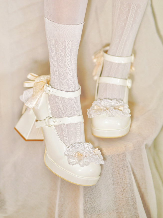 Buckles Trim Heart White Heels Bow at Lace High Top Knotted Block