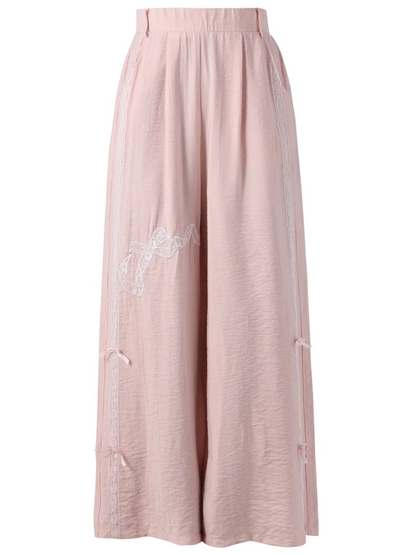 Sweet Regular/Short Pink High Version Waist Wide-Leg Pants Bowknot Embroidery