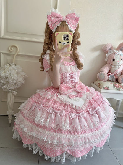Kleid Schleife Lolita Muster Rosa Ärmel Schule Kurze Akzente Alt Süß Polka Dots