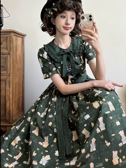 Lolita Green Version Sweet Short Dress Dark Bear Sleeves Print