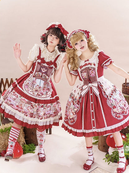 Sweet Red Lolita Jumper Dress with Fruity Print and Lace Trim - Honey Machine