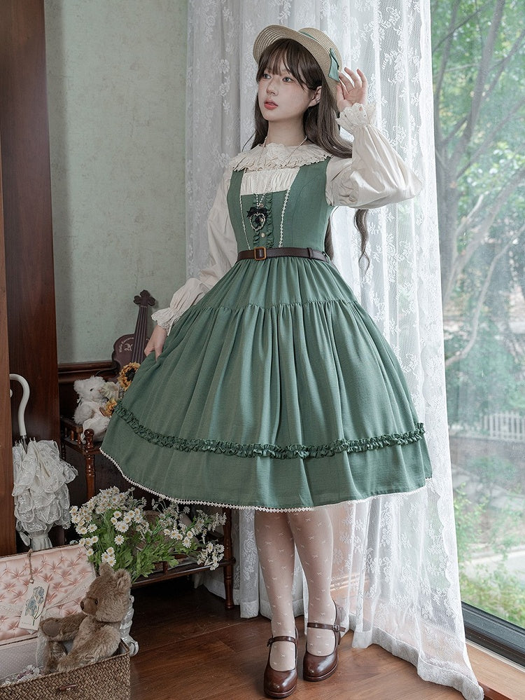 Green Elegant Classic Lolita JSK Dress with Ruffled Front Placket and Lace Trim