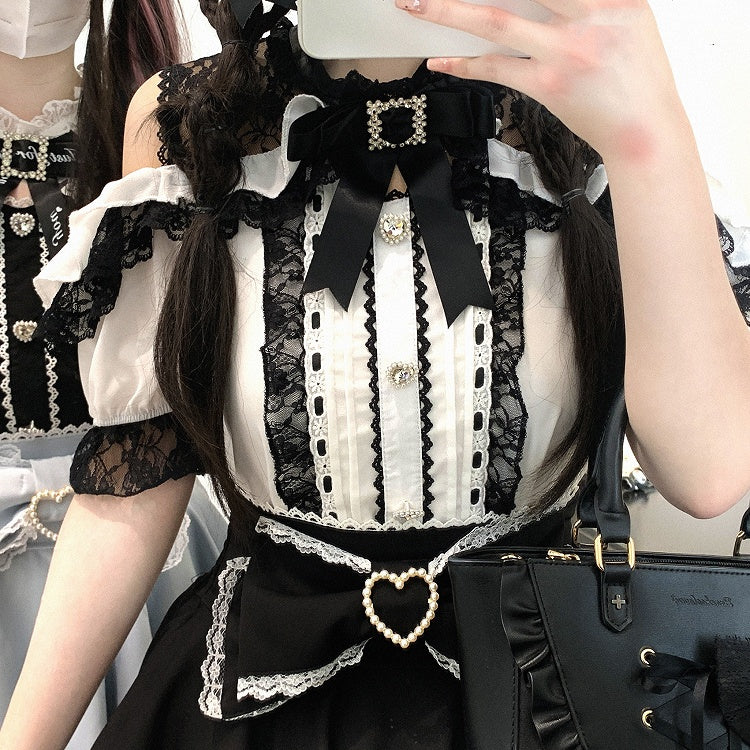 Jirai Kei Black/White/Red/Light Buttons Blue Open Shoulder Sweetheart Lace Trim Blouse