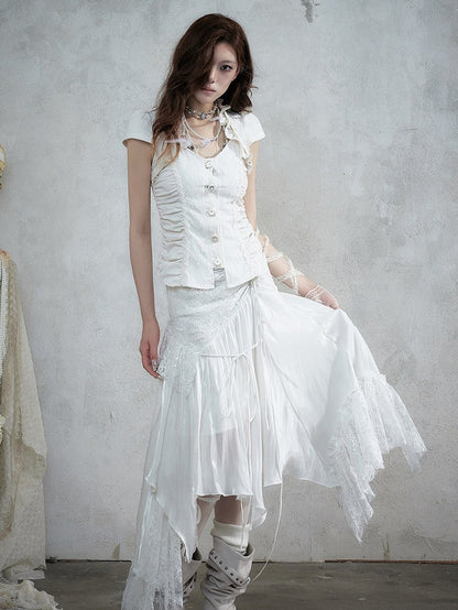 Punk Faux Two-Piece Short Sleeve Blouse in White with Lace and Ruffle Accents - NO ROMANCE