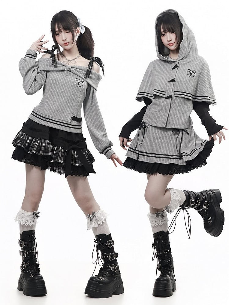 Vintage Kawaii Grey Hooded Cape Long Sleeve Top with Embroidery Accents - PINK SAVIOR