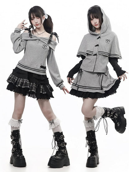 Vintage Kawaii Grey Hooded Cape Long Sleeve Top with Embroidery Accents - PINK SAVIOR