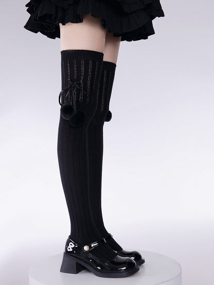 Pom-Pom Design Vertical Pattern Knee Colors with Loose Knitted Over Decoration 3 Stockings Striped