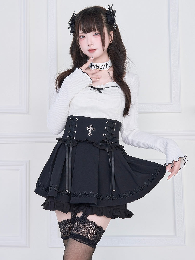 with Jirai Lettuce Black Sleeves Hem White Neck Kei Contrast Choker Top