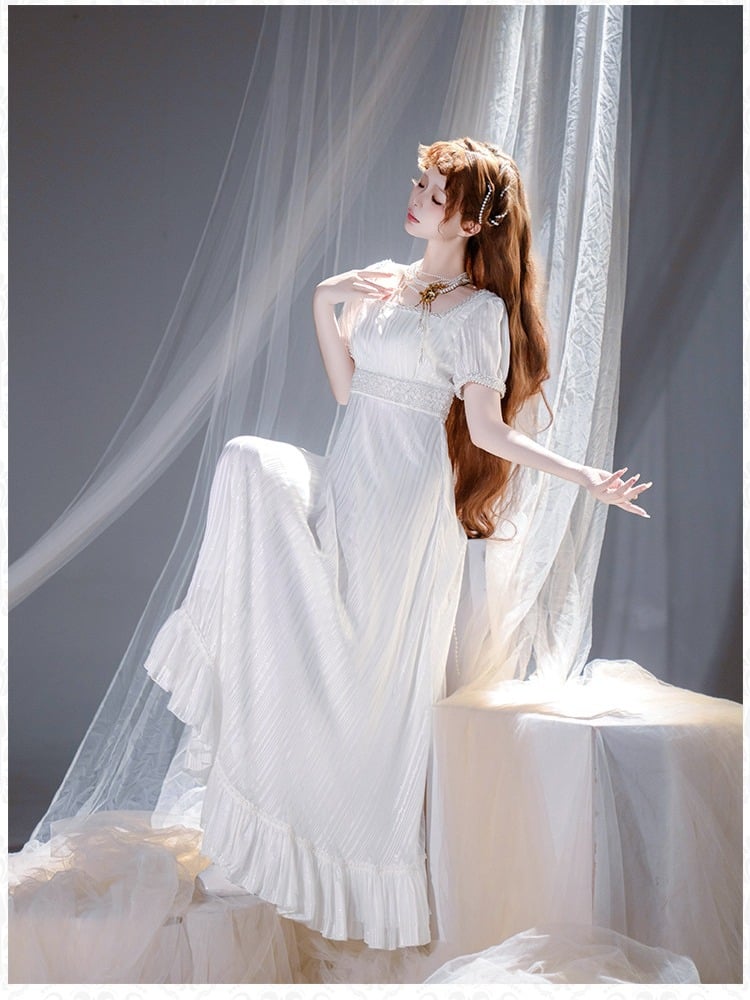 White Square Neckline Empire Dress Lolita OP with Bead Details - sanshanjiu