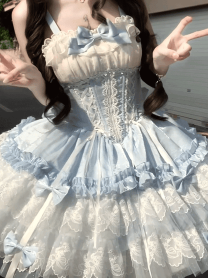 Layered Big Balletcore Lace-up Boned Waist Sweet Lolita Jumper Train Bow Skirt Blue White with Hem Lace and