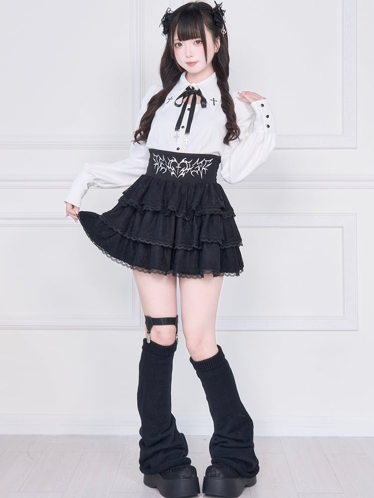 with Back White Jirai Blouse: Lacing Sleeve Long Kei Gothic
