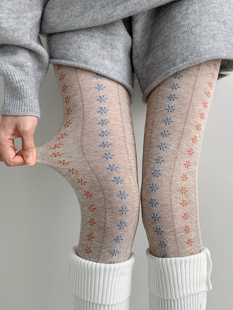 Floral Dark Tights Gray/Khaki Warm Pattern Ribbed