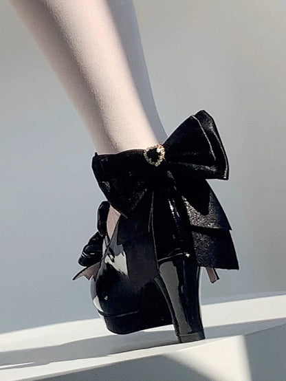 Black Accent Hime Janes Detachable Lolita - Heart PU Toe Pointed High-heel Rhinestone Bow Back Mary