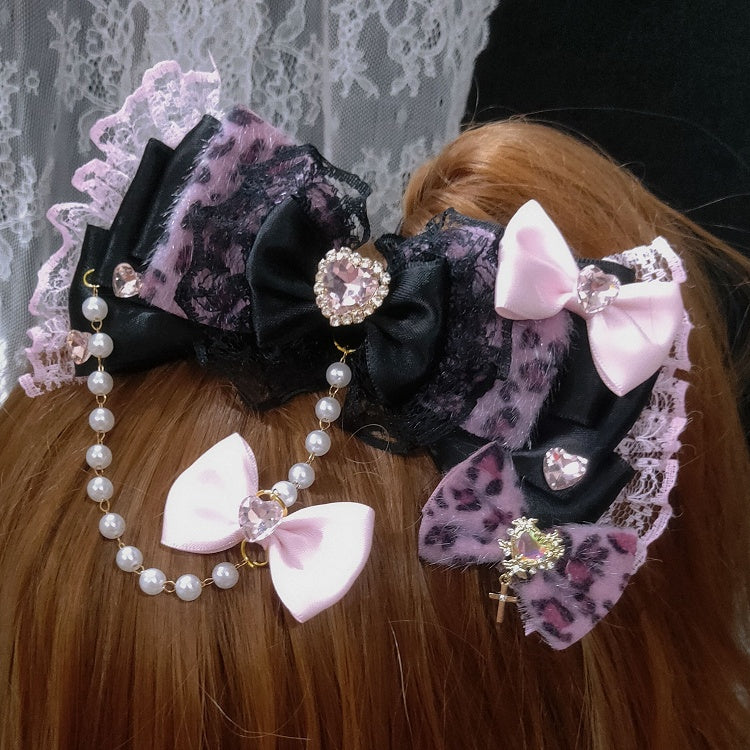 Heart Leopard Hairclips Color Options Pattern 5 Decorated Bead Rhinestone Chain Two