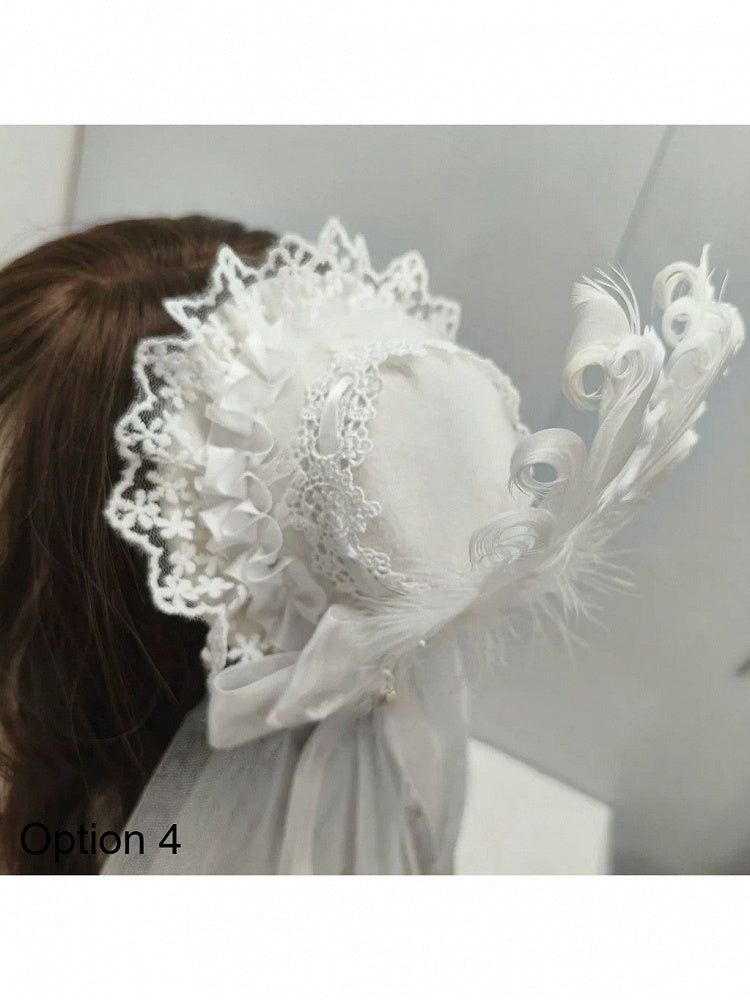 Kawaii White Feather Lolita Mini Hat with Lace Design - Ye Cheng Hair Accessory