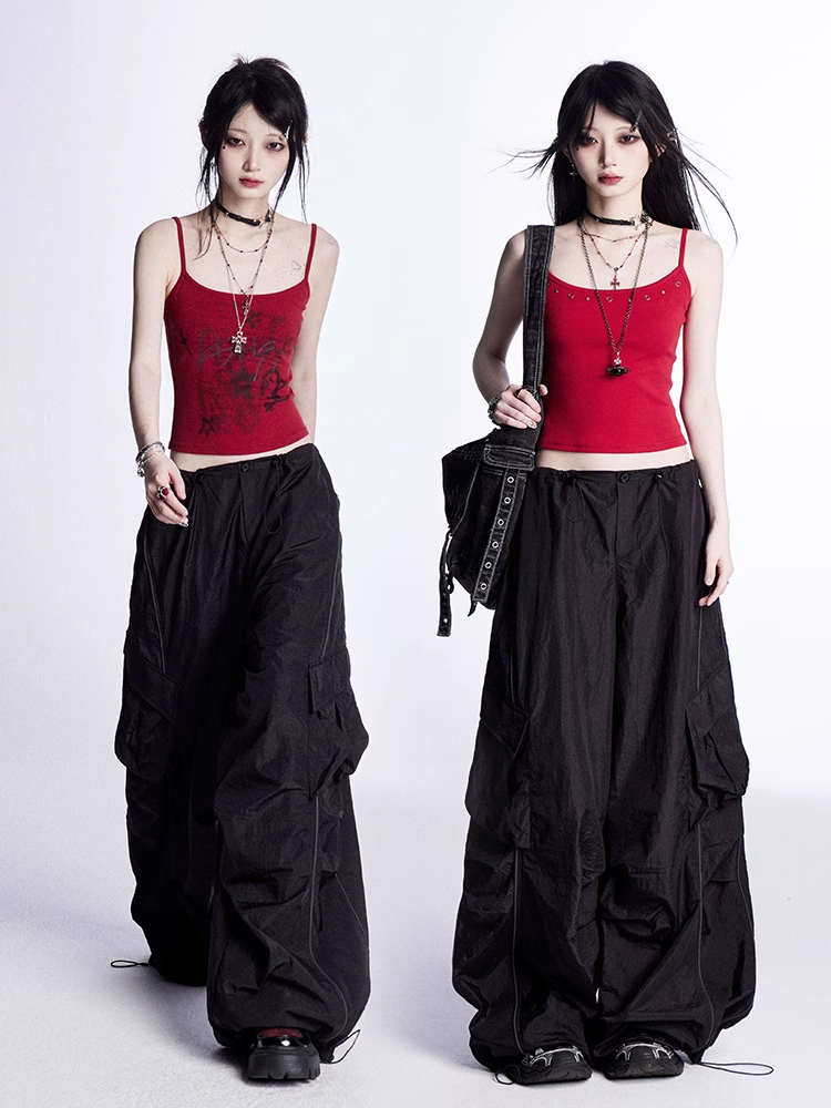 Weite Cargohose mit Kordelzug an den Bündchen Vintage Schwarz Niedrig