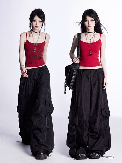 Weite Cargohose mit Kordelzug an den Bündchen Vintage Schwarz Niedrig