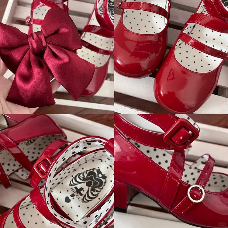 Akzentschleife, überkreuzte Absätze, mittelrotes Design, süße Zehenpartie, rund – Lolita