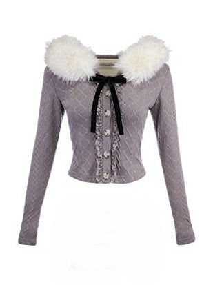 Pelz Mit Kapuze Kragen Detail Strickjacke Schwarz Grau Strick Faux Schleife