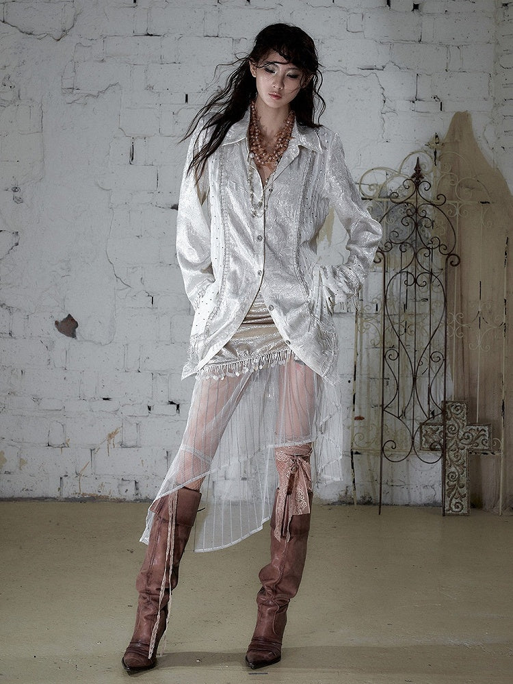 Beige Satin Lace-Trimmed Punk Shirt with Chain Accents