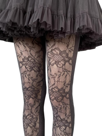 葉と花柄レースタイツフィッシュネット