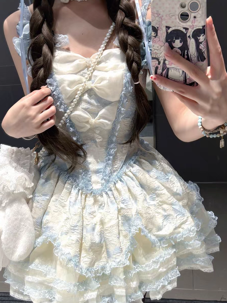 Ruffles Trimmings Lace Layered Jumper Skirt Princess Lolita Blue with Floral-Print and