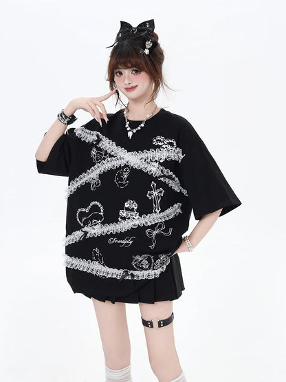 Lace Trim T-Shirt Neck Loose Black/White Cartoon Print Bittersweet Round