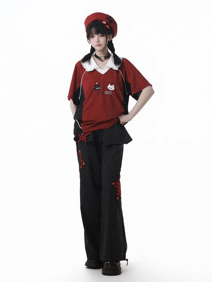 Red and Black Colorblock Pointed Flat Collar Kitten Print Blokette Core T-shirt Cute